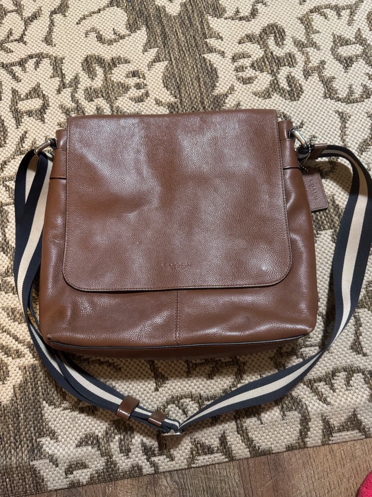 Coach Brown Leather Crossbody Messenger With Striped Strap